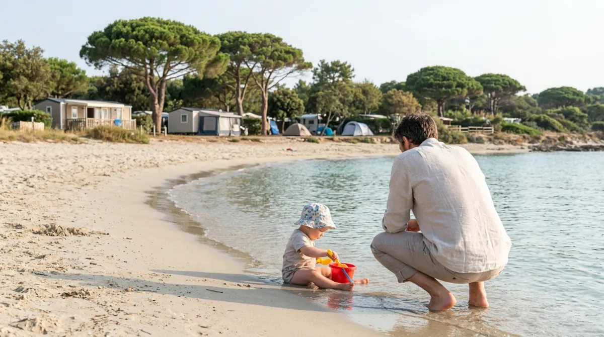 Enfant au bord de l'eau devant un camping en bord de mer dans le Var