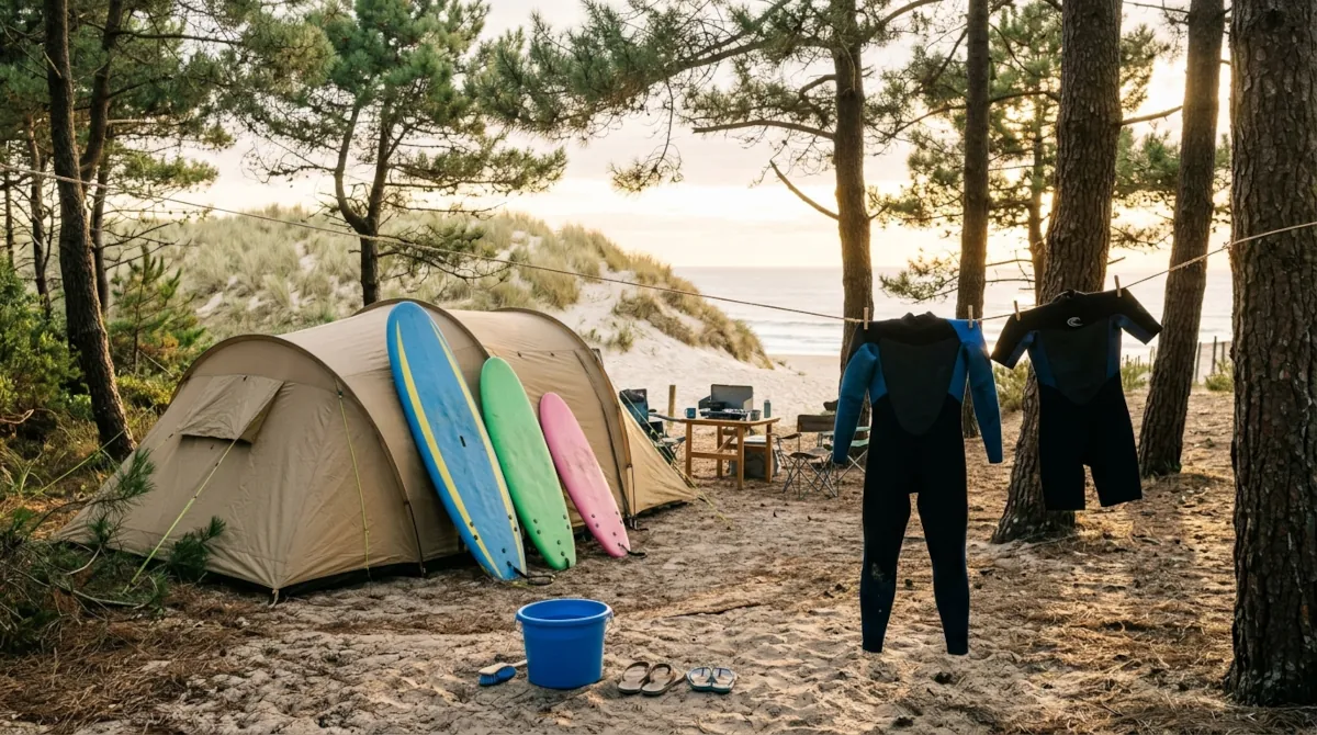 Combinaisons de surf qui sèchent entre deux pins et planches en mousse devant une tente, dans un camping de la côte atlantique
